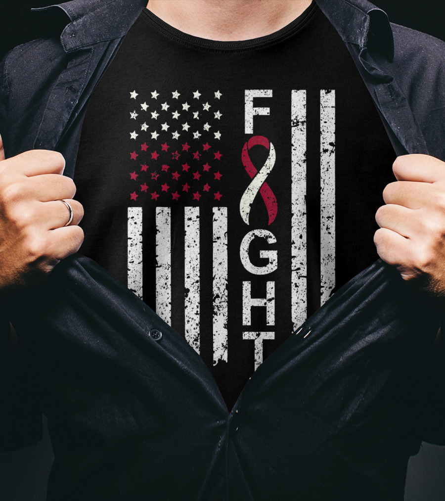 Head And Neck Cancer Awareness Fight Ribbon American Flag T-Shirt