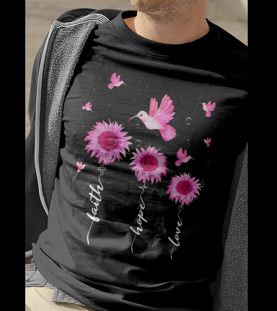 Hummingbird Daisy Faith Hope Love Pink Ribbon Breast Cancer Awareness T-Shirt
