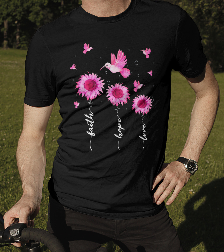 Hummingbird Daisy Faith Hope Love Pink Ribbon Breast Cancer Awareness T-Shirt