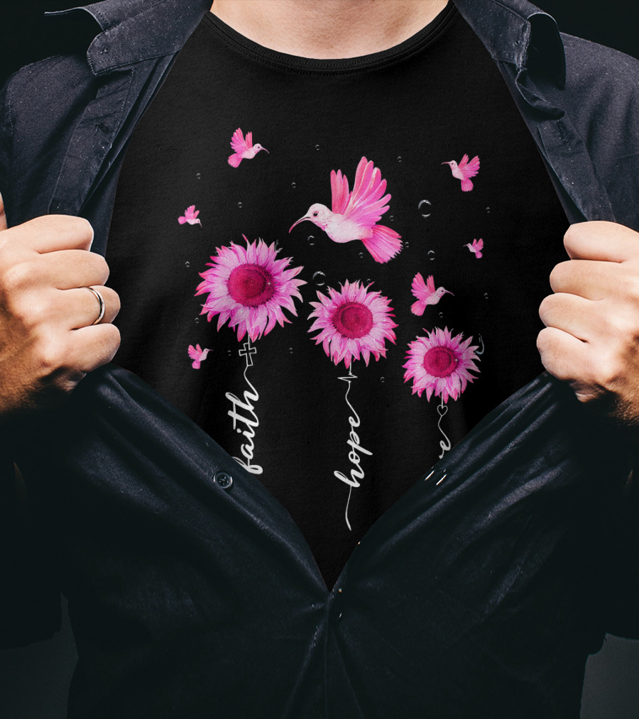 Hummingbird Daisy Faith Hope Love Pink Ribbon Breast Cancer Awareness T-Shirt