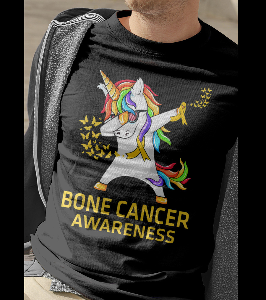 Bone Cancer Awareness Unicorn Dab With Yellow Ribbon Butterflies T-Shirt