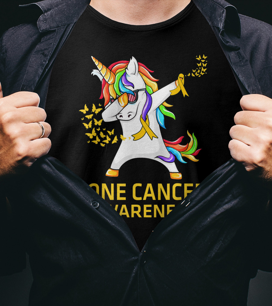 Bone Cancer Awareness Unicorn Dab With Yellow Ribbon Butterflies T-Shirt