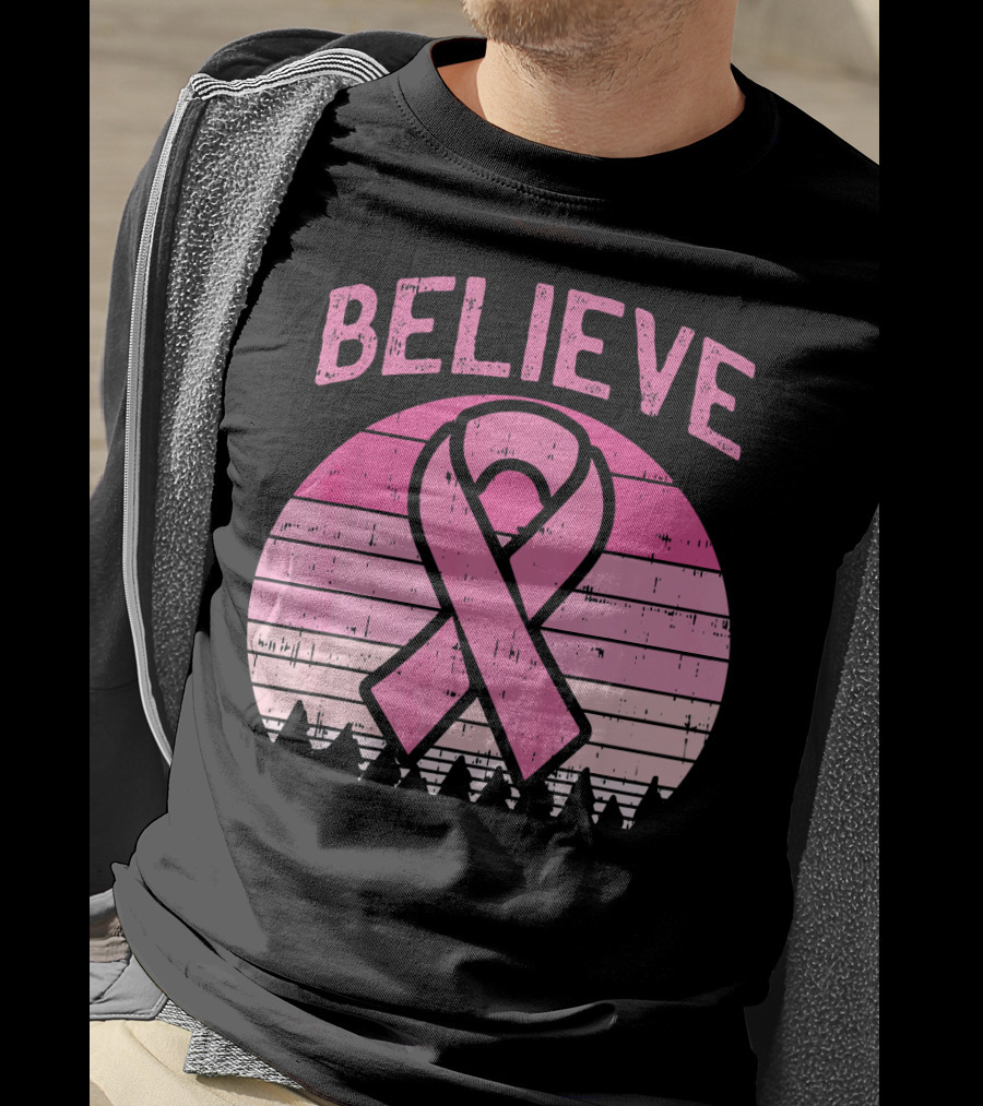 Believe Retro Sunset Pink Ribbon Breast Cancer Awareness T-Shirt