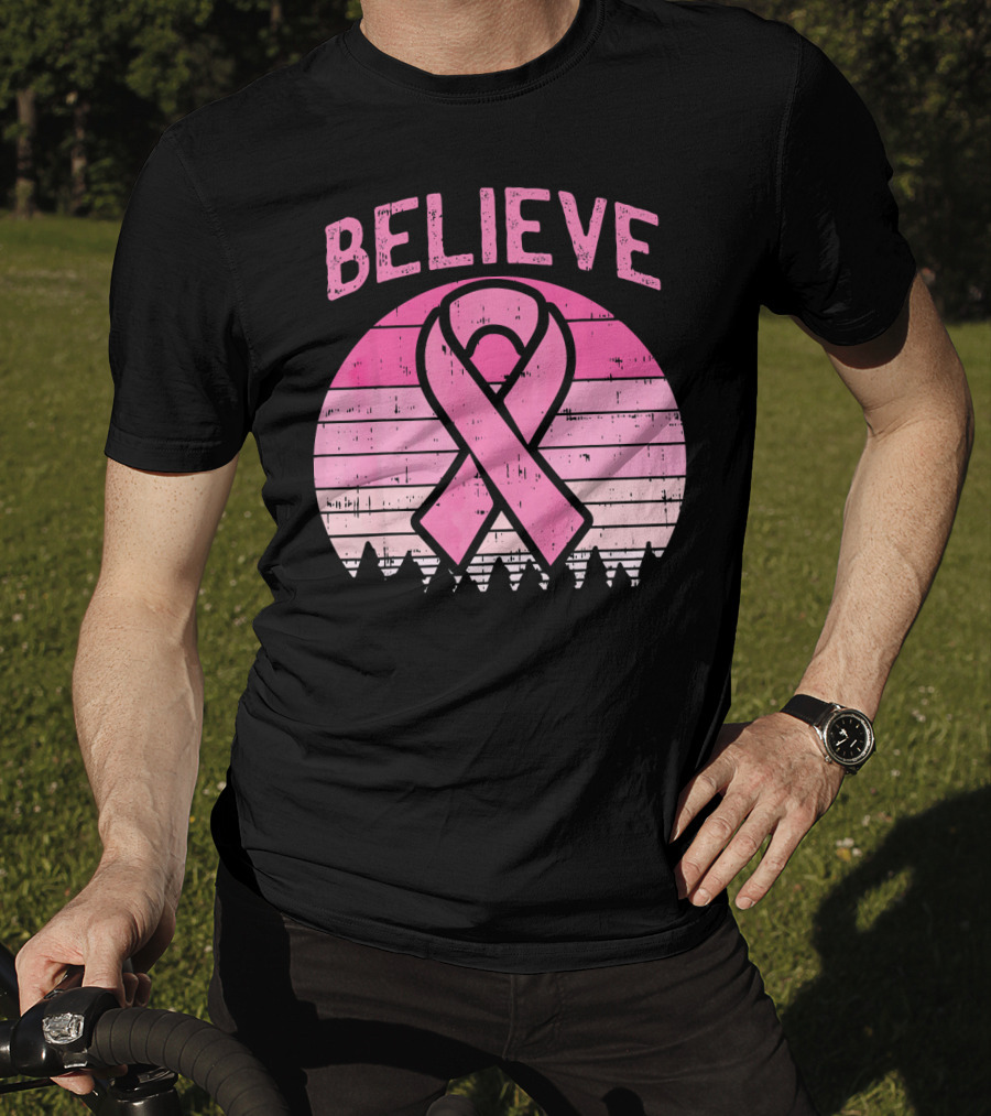 Believe Retro Sunset Pink Ribbon Breast Cancer Awareness T-Shirt