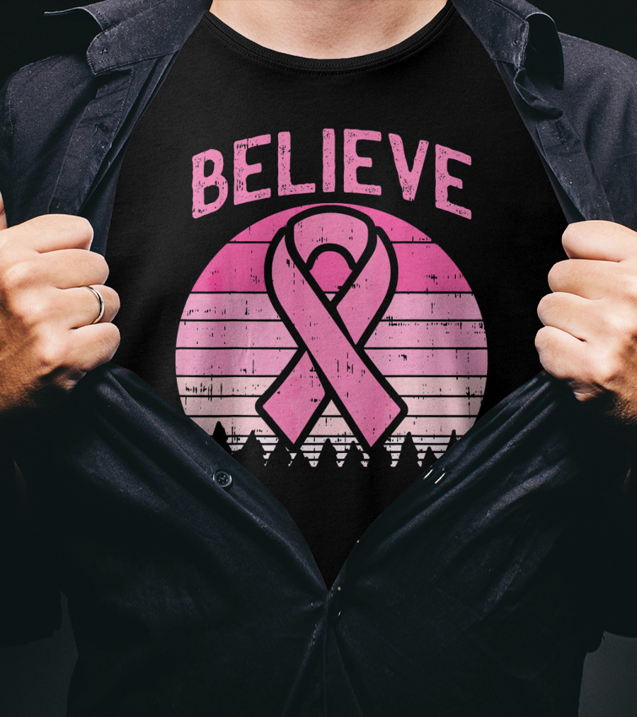 Believe Retro Sunset Pink Ribbon Breast Cancer Awareness T-Shirt