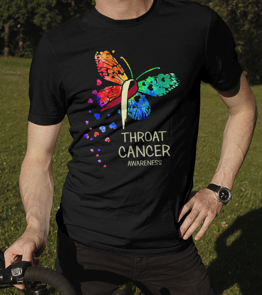 Throat Cancer Awareness Ribbon Butterfly Colorful T-Shirt