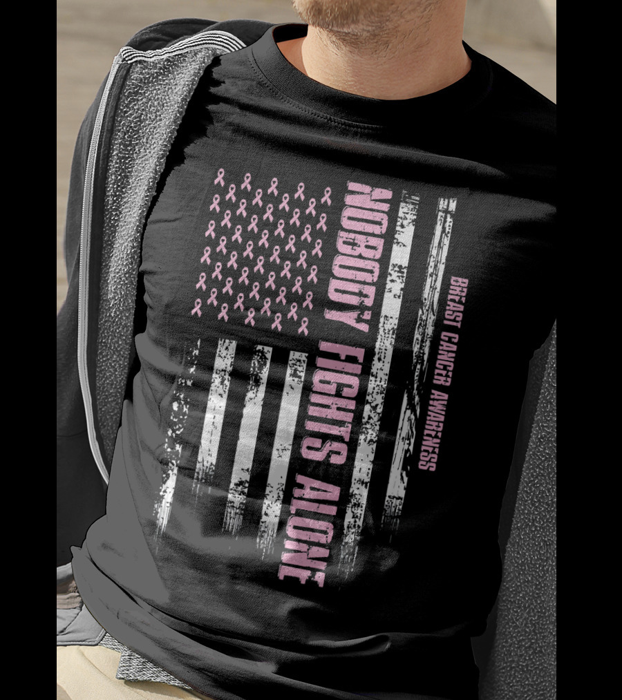 Nobody Fights Alone Breast Cancer Awareness USA Flag T-Shirt