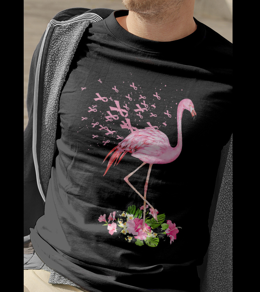 Flamingo With Pink Breast Cancer Ribbons And Floral Accents T-Shirt