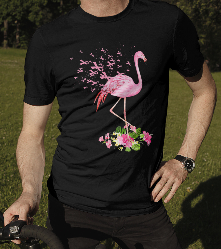 Flamingo With Pink Breast Cancer Ribbons And Floral Accents T-Shirt