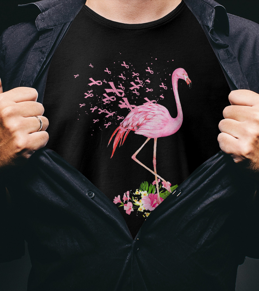 Flamingo With Pink Breast Cancer Ribbons And Floral Accents T-Shirt