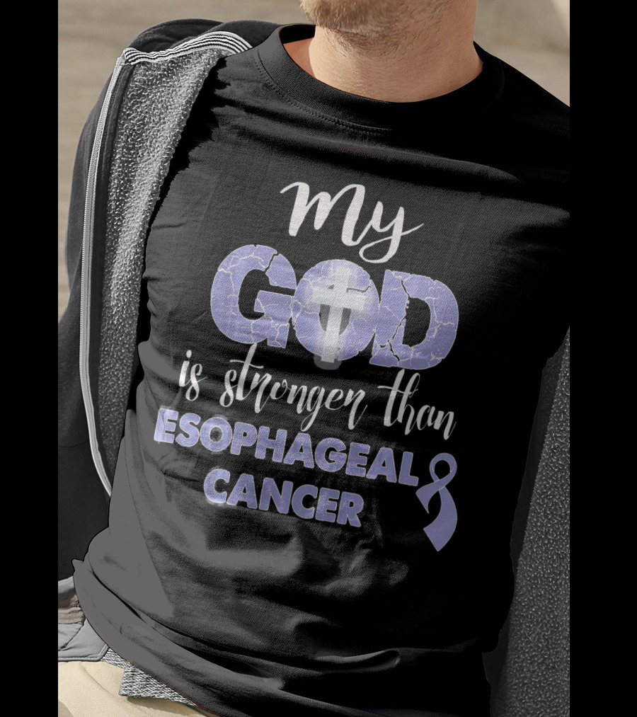 My God Is Stronger Than Esophageal Cancer Purple Ribbon Cross T-Shirt