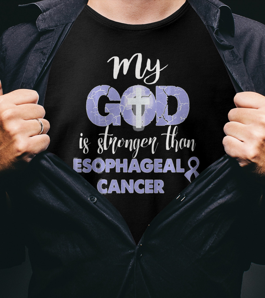My God Is Stronger Than Esophageal Cancer Purple Ribbon Cross T-Shirt