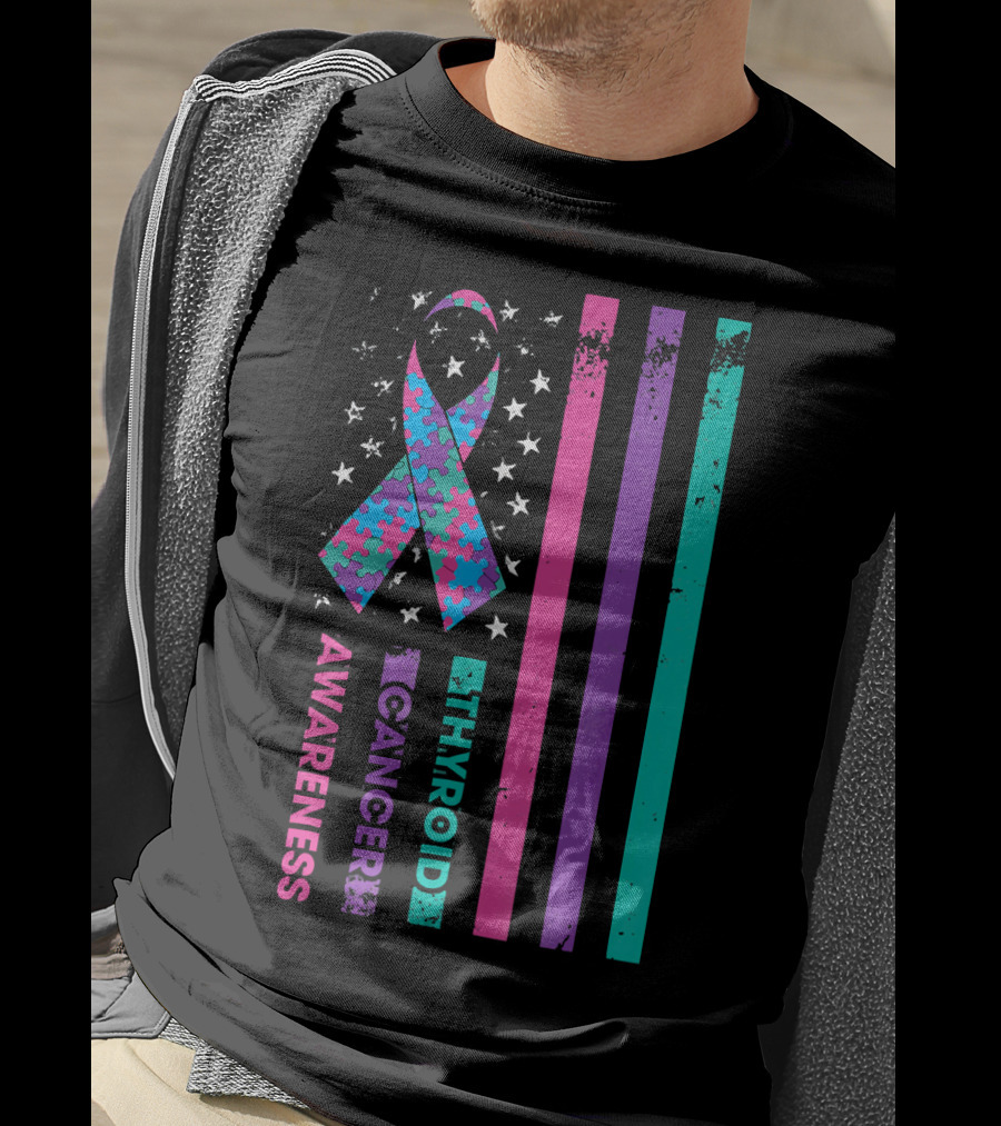 Thyroid Cancer Awareness Puzzle Ribbon Flag Stars Stripes T-Shirt
