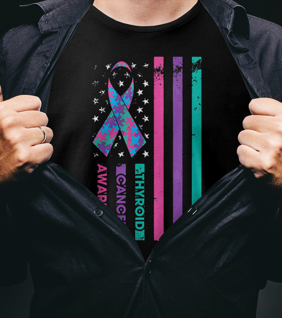 Thyroid Cancer Awareness Puzzle Ribbon Flag Stars Stripes T-Shirt
