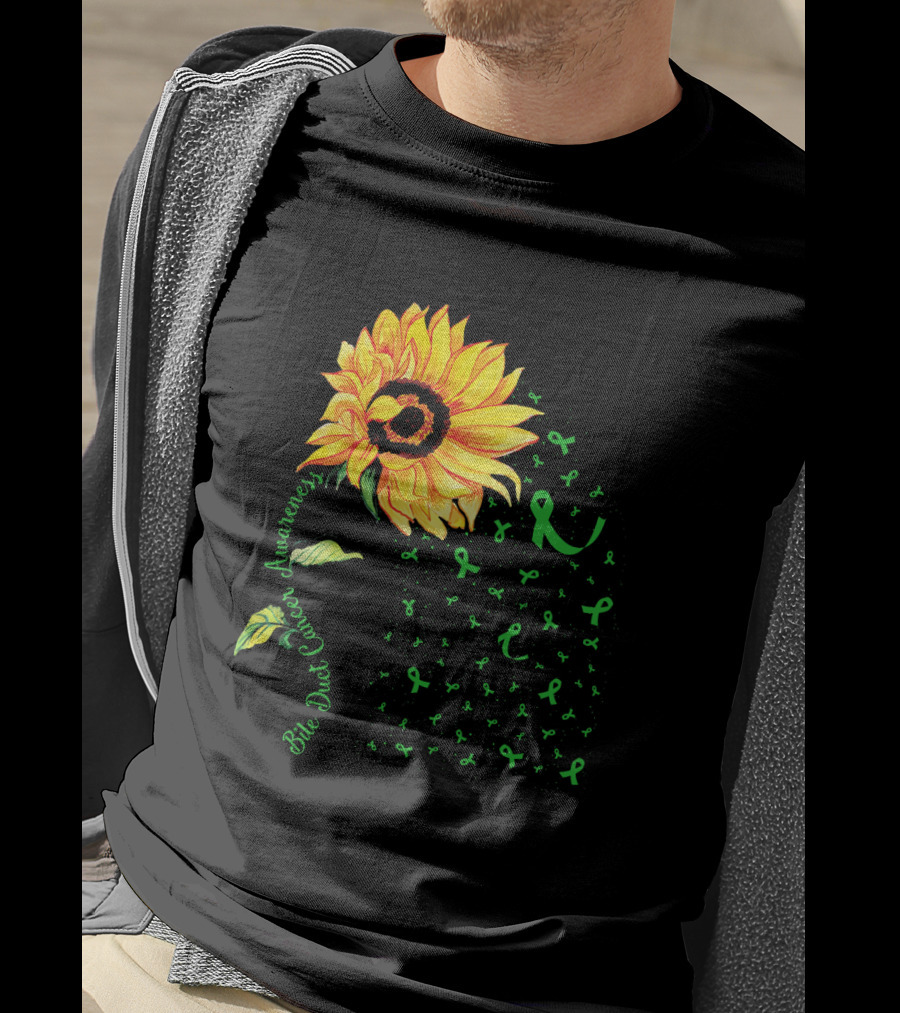 Sunflower Bile Duct Cancer Awareness Ribbon Green T-Shirt