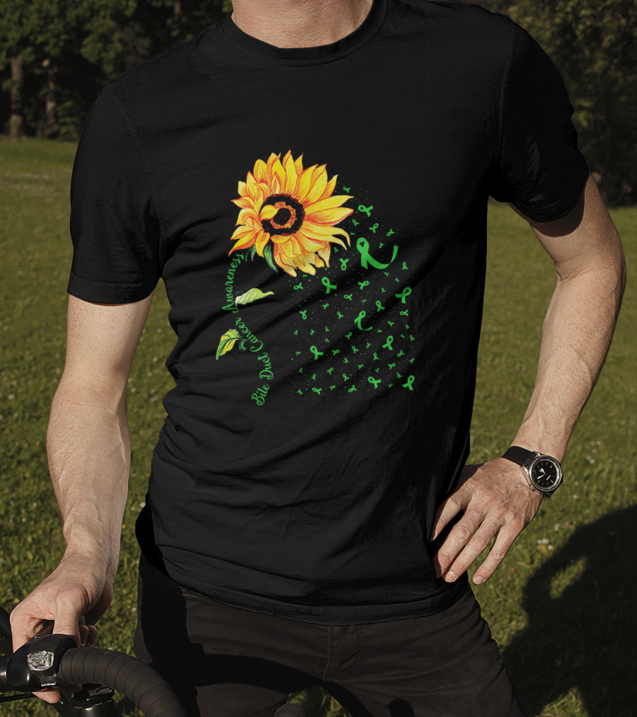 Sunflower Bile Duct Cancer Awareness Ribbon Green T-Shirt