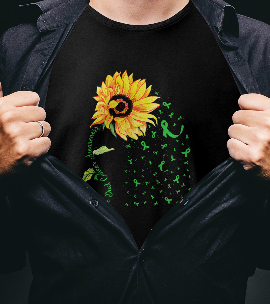 Sunflower Bile Duct Cancer Awareness Ribbon Green T-Shirt