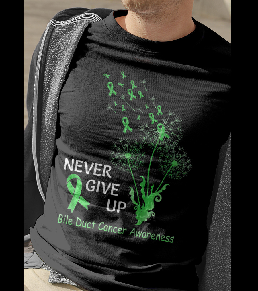 Never Give Up Bile Duct Cancer Awareness Dandelion Green Ribbons T-Shirt
