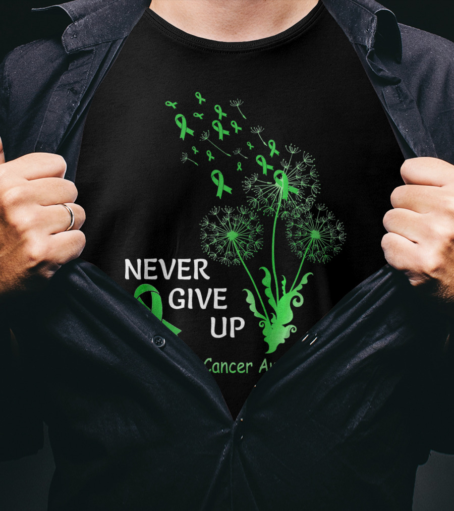 Never Give Up Bile Duct Cancer Awareness Dandelion Green Ribbons T-Shirt