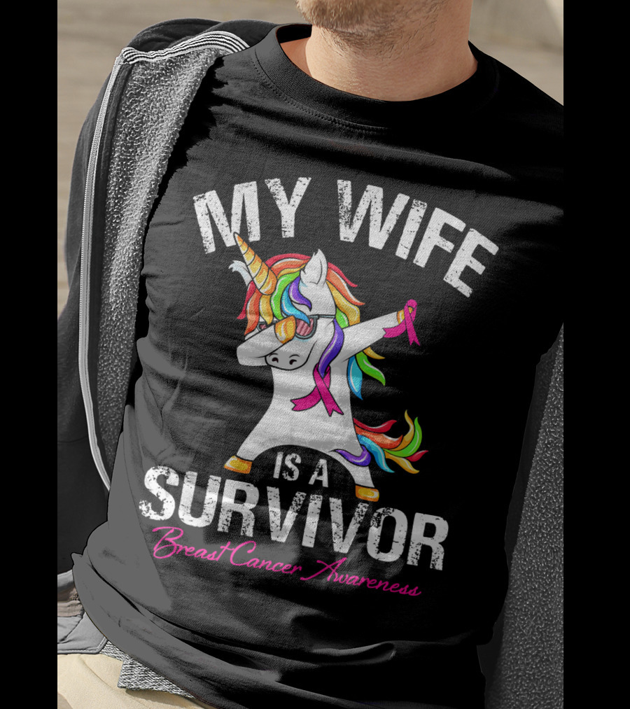 My Wife Is A Survivor Breast Cancer Awareness Unicorn Dabbing Rainbow T-Shirt