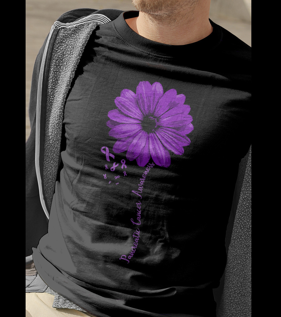Pancreatic Cancer Awareness Purple Ribbon Purple Flower T-Shirt
