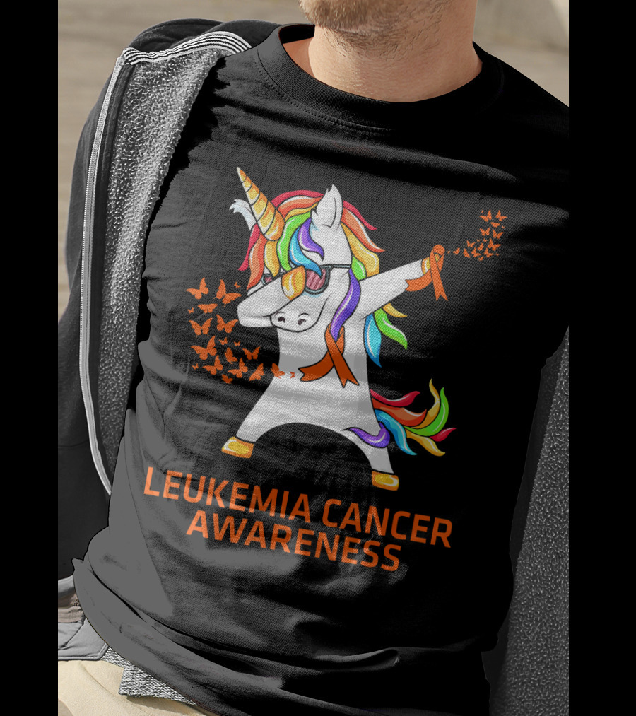 Leukemia Cancer Awareness Unicorn Dabbing With Rainbow Mane And Orange T-Shirt