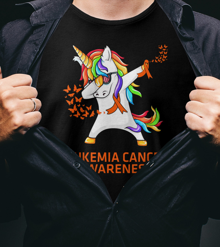 Leukemia Cancer Awareness Unicorn Dabbing With Rainbow Mane And Orange T-Shirt