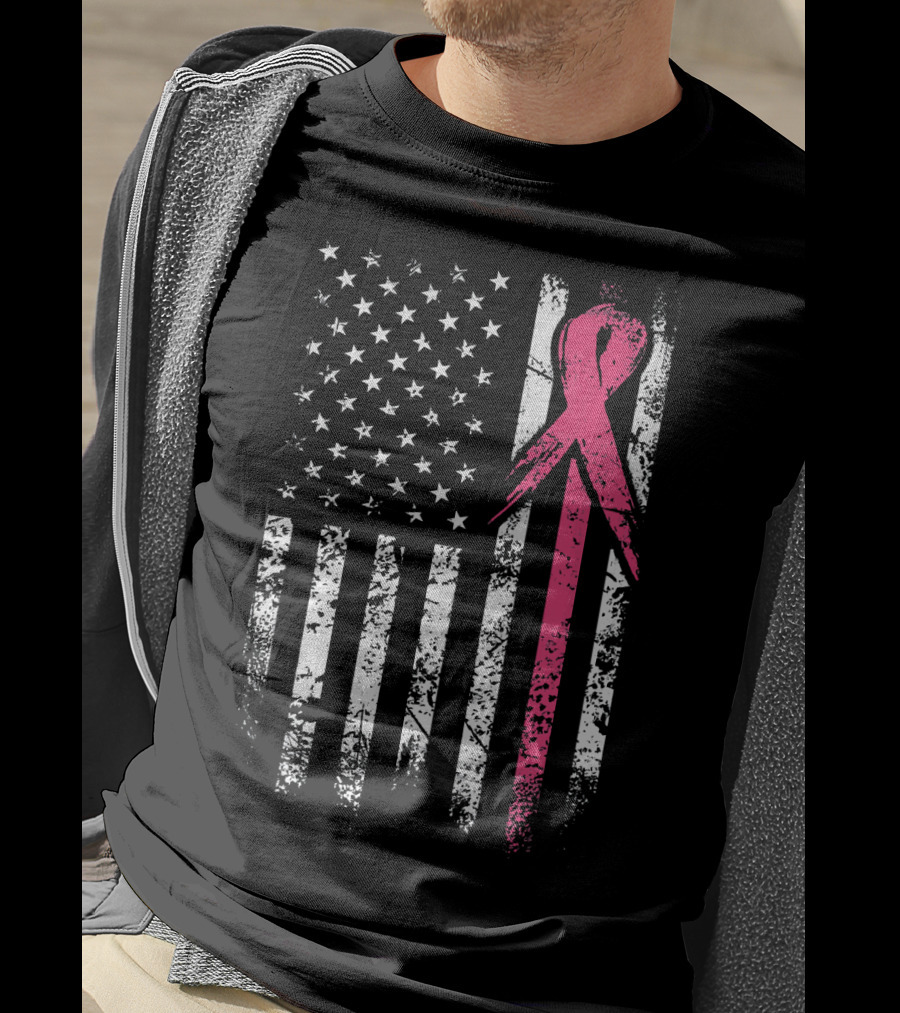 Breast Cancer Awareness American Flag Grunge T-Shirt