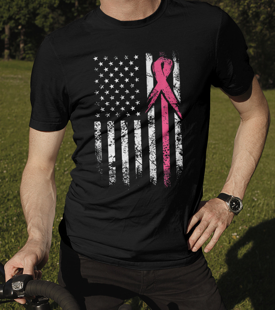 Breast Cancer Awareness American Flag Grunge T-Shirt