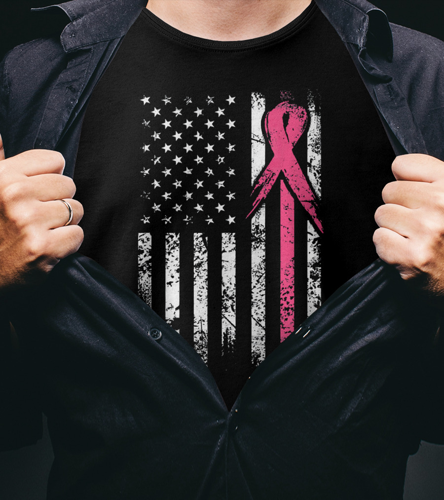 Breast Cancer Awareness American Flag Grunge T-Shirt