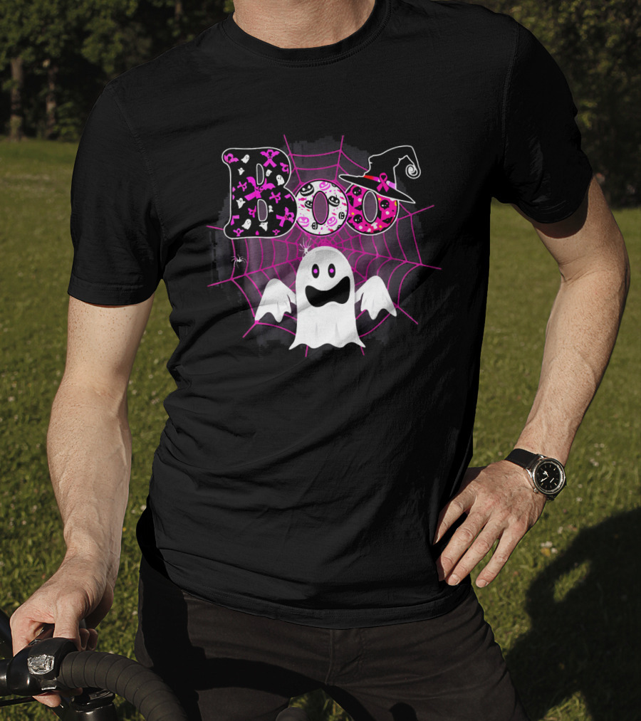 Boo Breast Cancer Awareness Ghost With Witch Hat And Pink Ribbon Web T-Shirt
