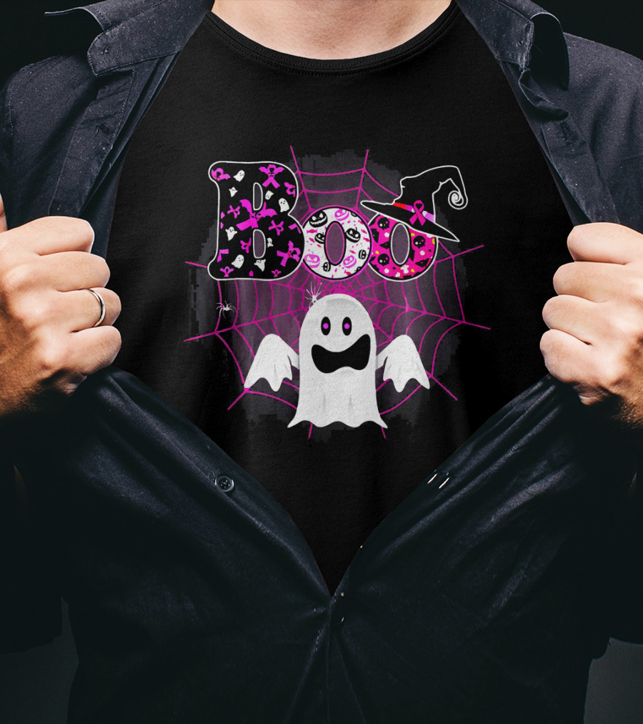 Boo Breast Cancer Awareness Ghost With Witch Hat And Pink Ribbon Web T-Shirt