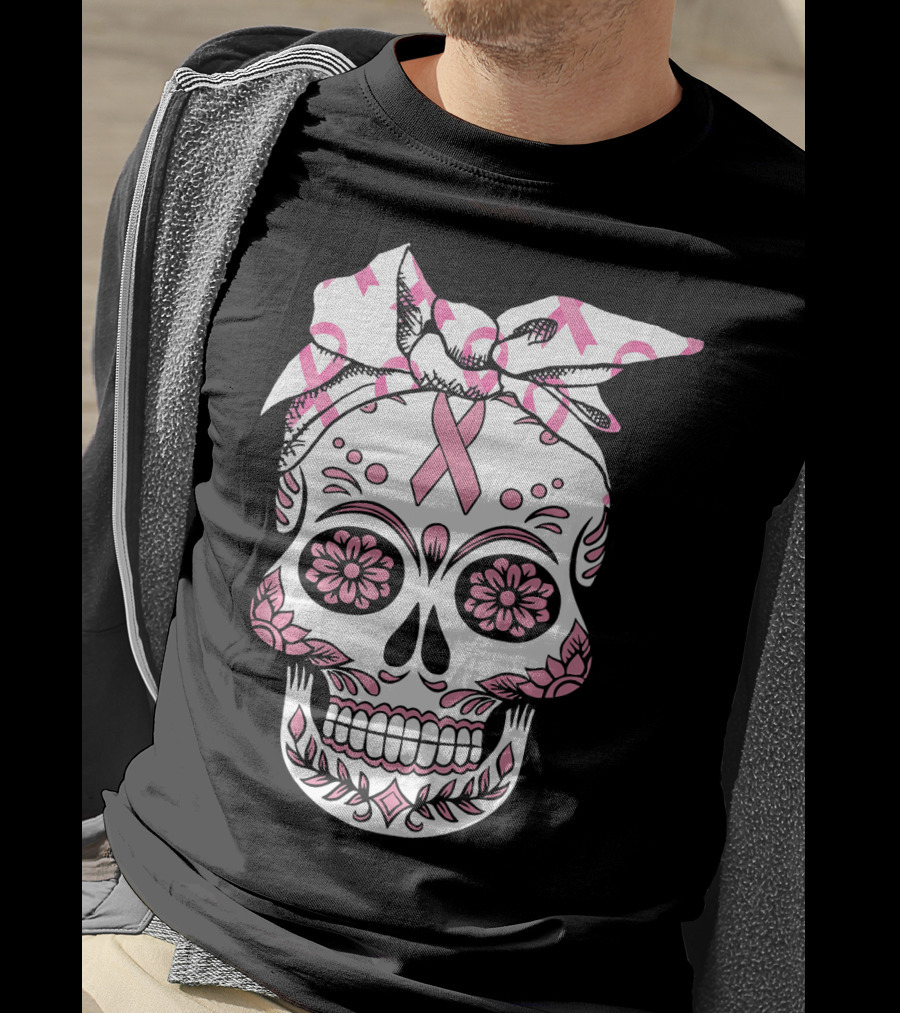 Day Of The Dead Skull With Pink Ribbon For Breast Cancer Awareness T-Shirt
