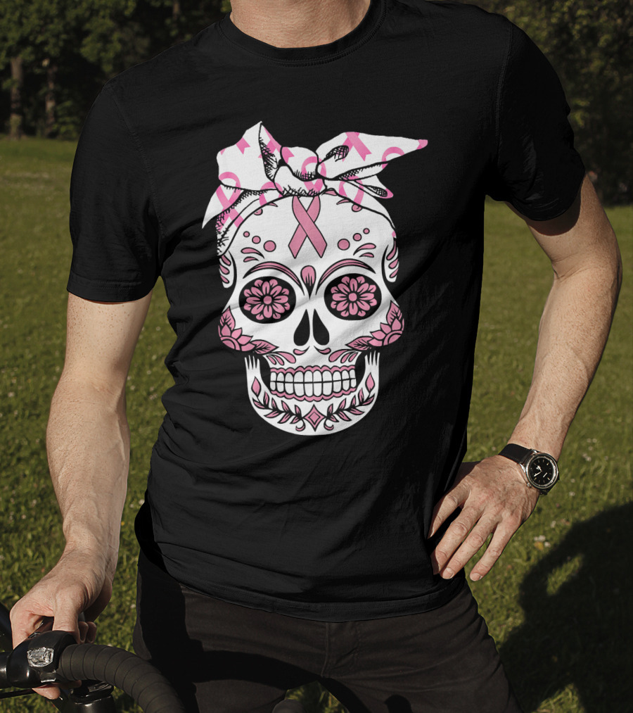 Day Of The Dead Skull With Pink Ribbon For Breast Cancer Awareness T-Shirt