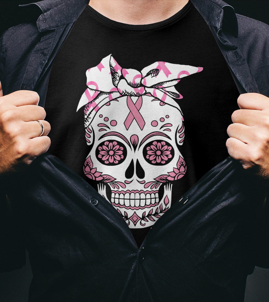 Day Of The Dead Skull With Pink Ribbon For Breast Cancer Awareness T-Shirt