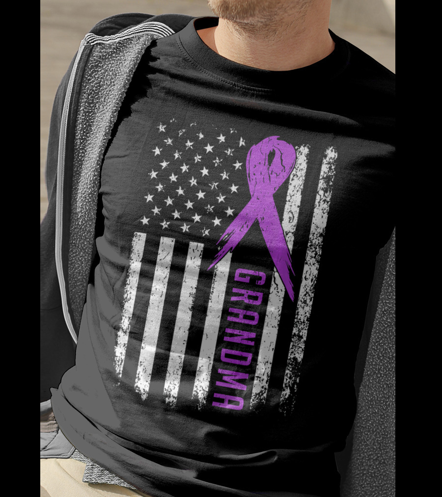 Grandma American Flag Purple Ribbon Pancreatic Cancer Awareness T-Shirt