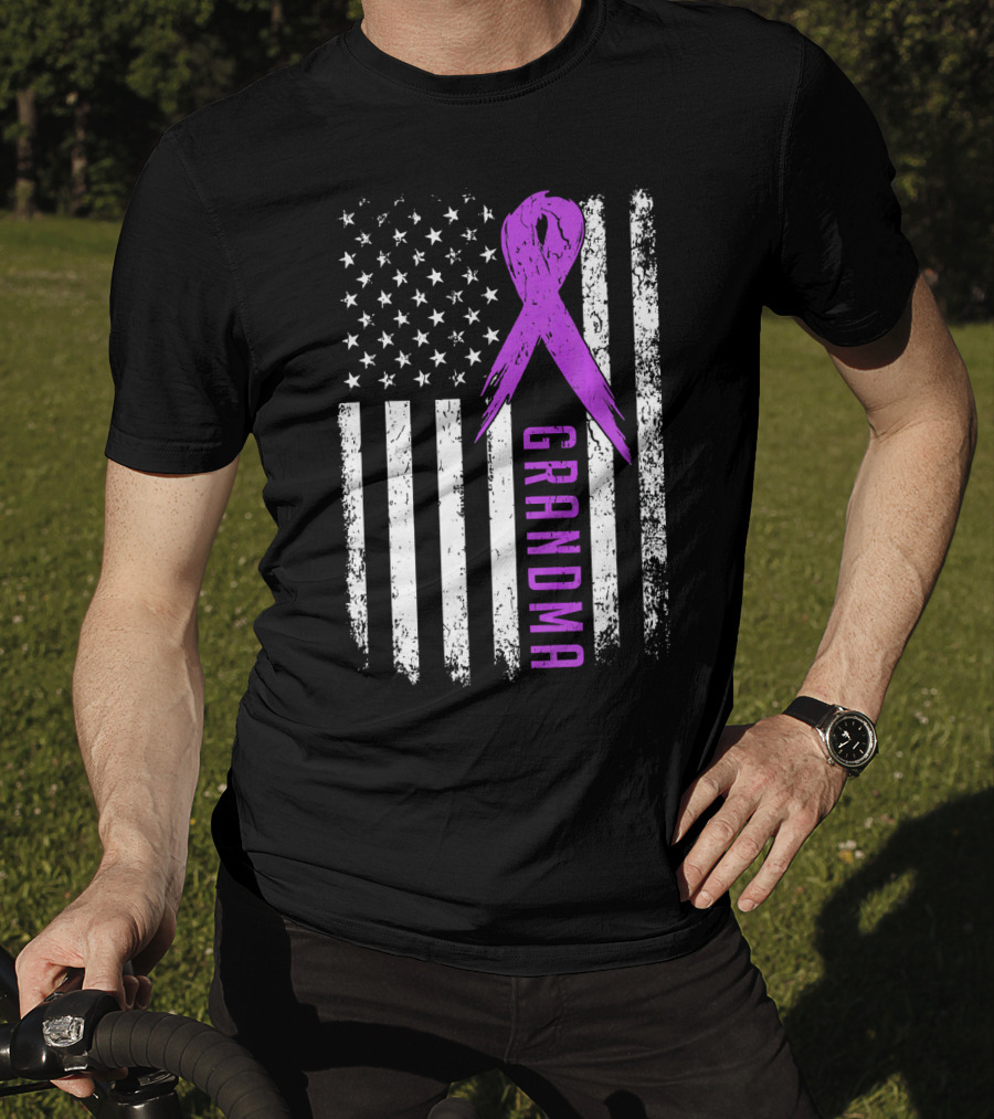 Grandma American Flag Purple Ribbon Pancreatic Cancer Awareness T-Shirt