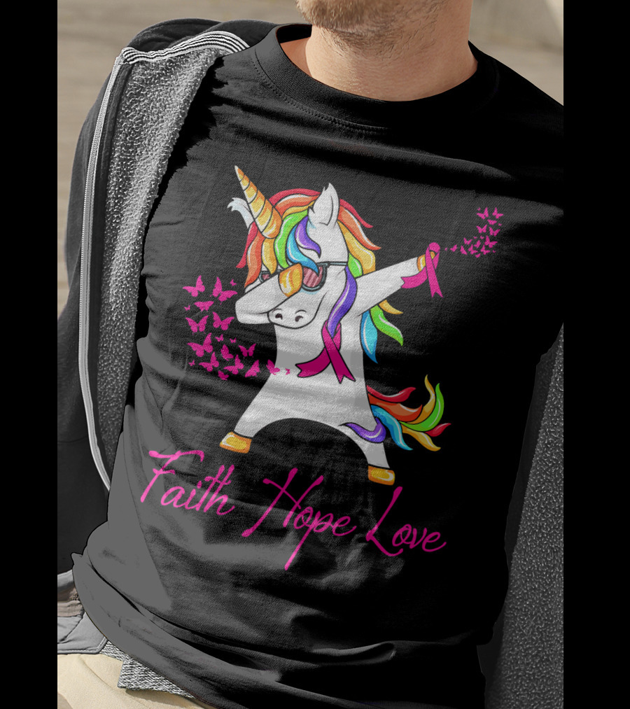 Faith Hope Love Pink Unicorn Breast Cancer Awareness T-Shirt