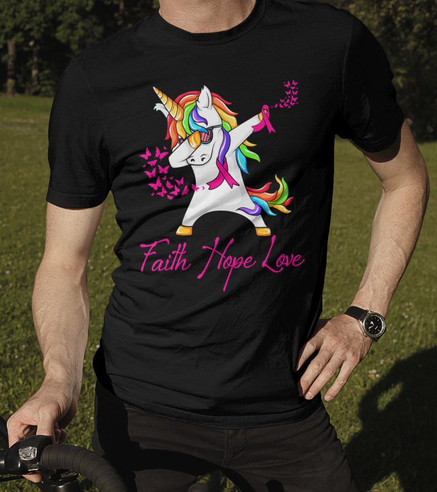 Faith Hope Love Pink Unicorn Breast Cancer Awareness T-Shirt
