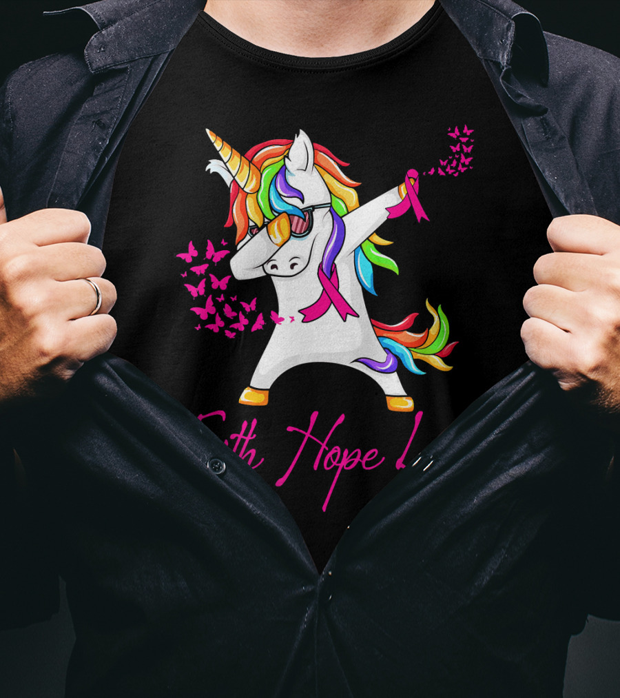 Faith Hope Love Pink Unicorn Breast Cancer Awareness T-Shirt