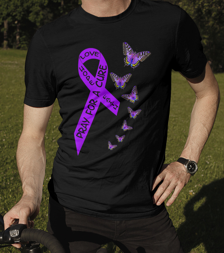 Pray For A Cure Love Hope Purple Ribbon Butterflies Pancreatic Cancer Awareness T-Shirt