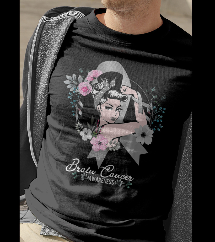 BRAIN CANCER AWARENESS Woman Gray Ribbon Floral T-Shirt
