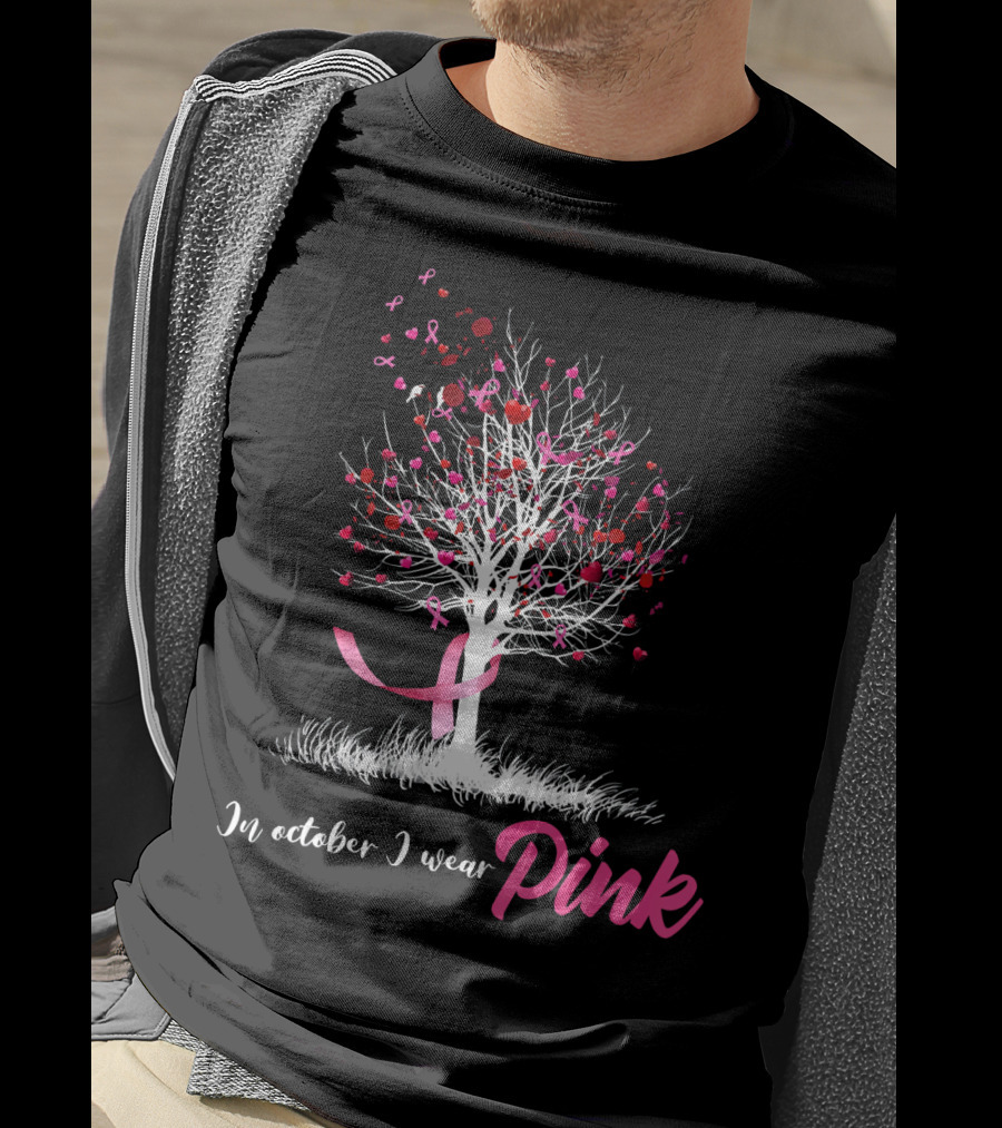 In October We Wear Pink Tree Breast Cancer Awareness Ribbon Hearts T-Shirt