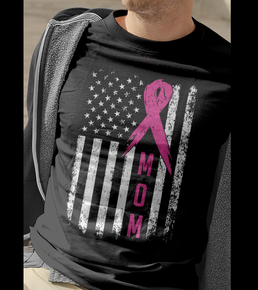 Mom Pink Ribbon American Flag Breast Cancer Awareness T-Shirt