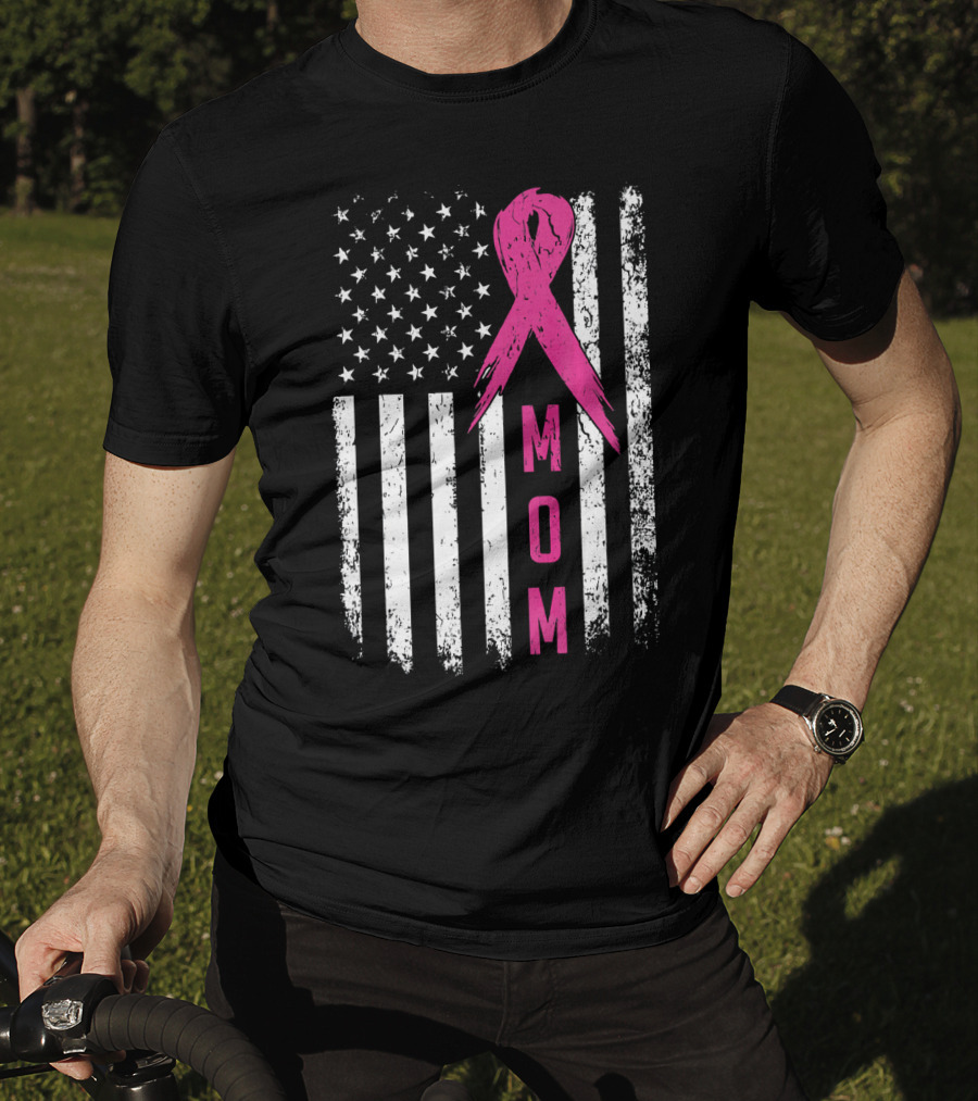 Mom Pink Ribbon American Flag Breast Cancer Awareness T-Shirt