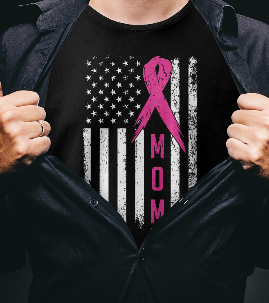 Mom Pink Ribbon American Flag Breast Cancer Awareness T-Shirt