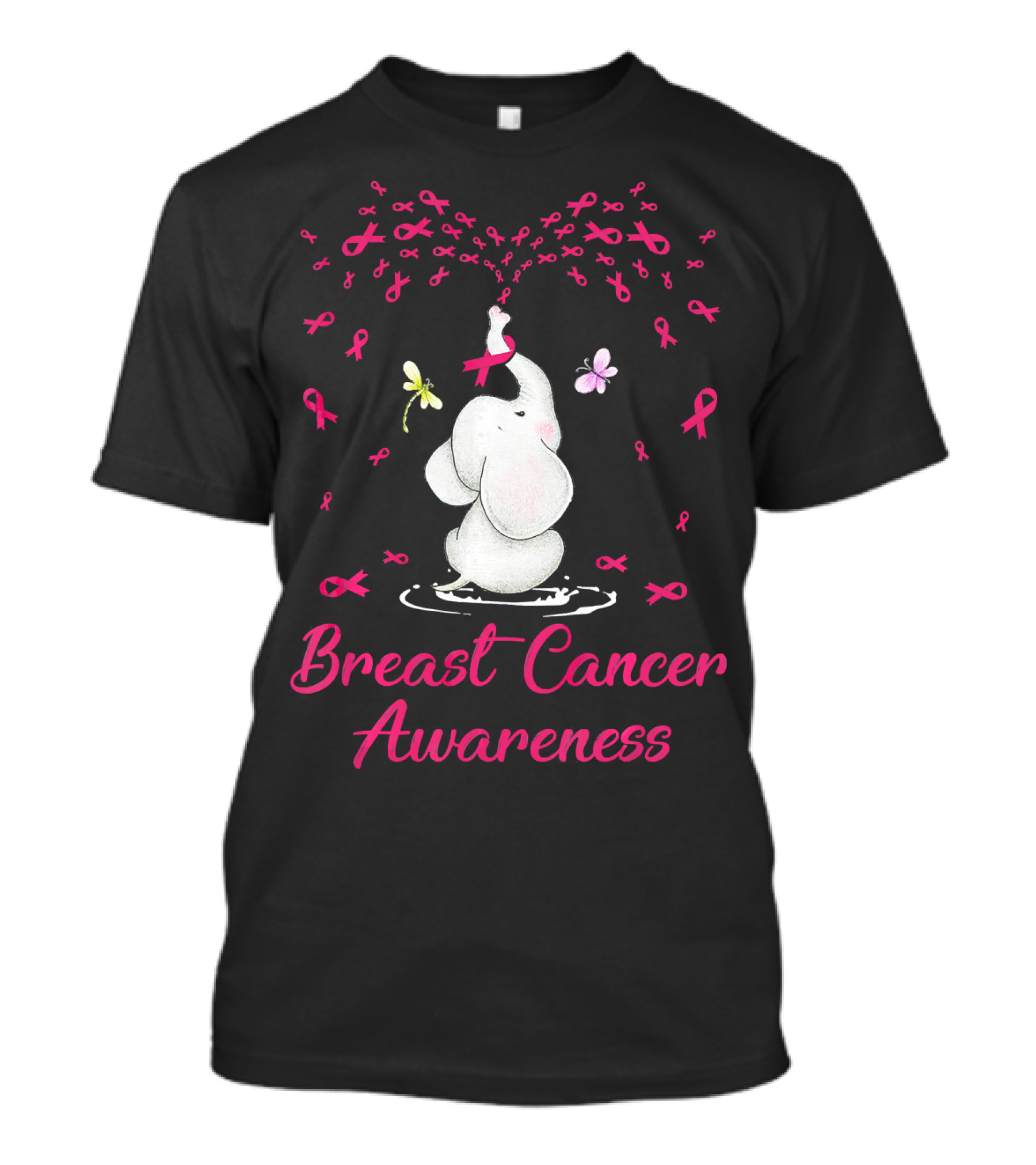 Elephant With Ribbon Breast Cancer Awareness With Butterflies And Ribbons T-Shirt