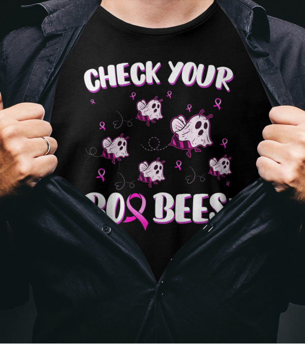Check Your Boo Bees Breast Cancer Awareness Funny Ghost Bees T-Shirt