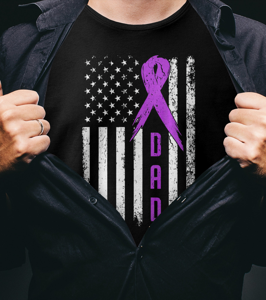 Dad American Flag Pancreatic Cancer Awareness Purple T-Shirt