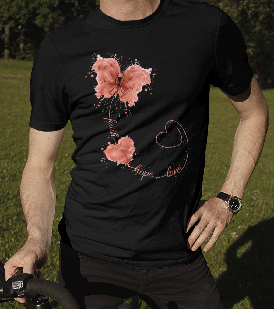Faith Hope Love Butterfly Ribbon Uterine Cancer Awareness T-Shirt